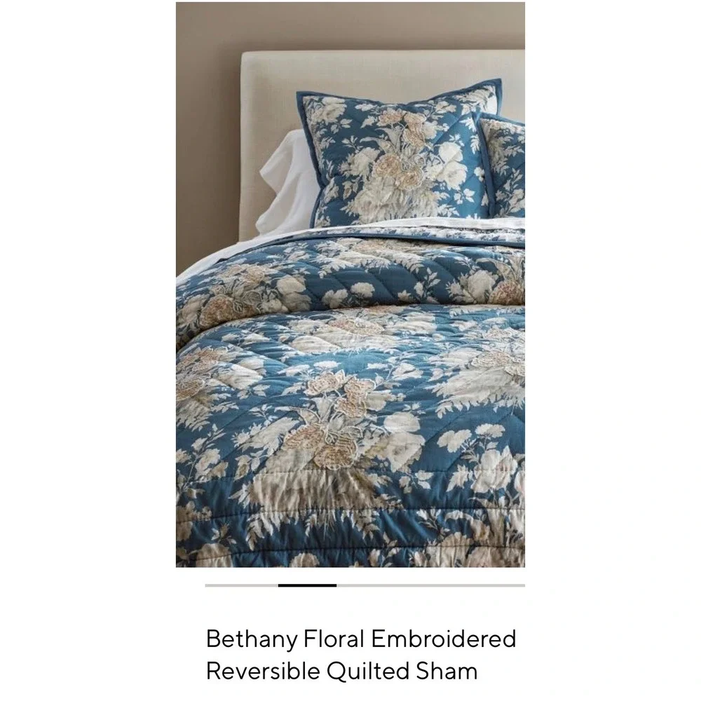Pottery Barn Bethany Floral Embroidered Reversible Quilted Euro Sham 26x26 Blue